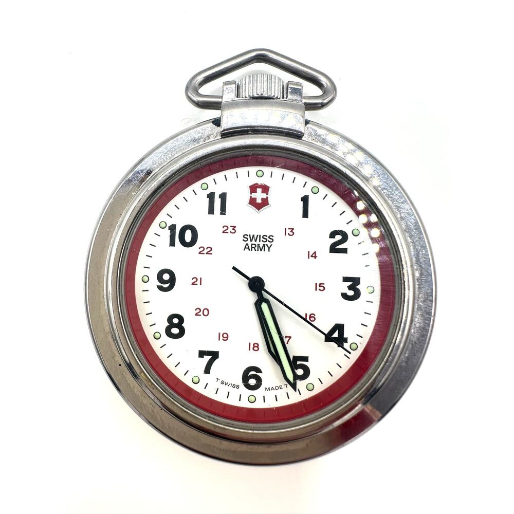 Swiss Army Victorinox silver tone quartz 48mm pocket watch brown leather case